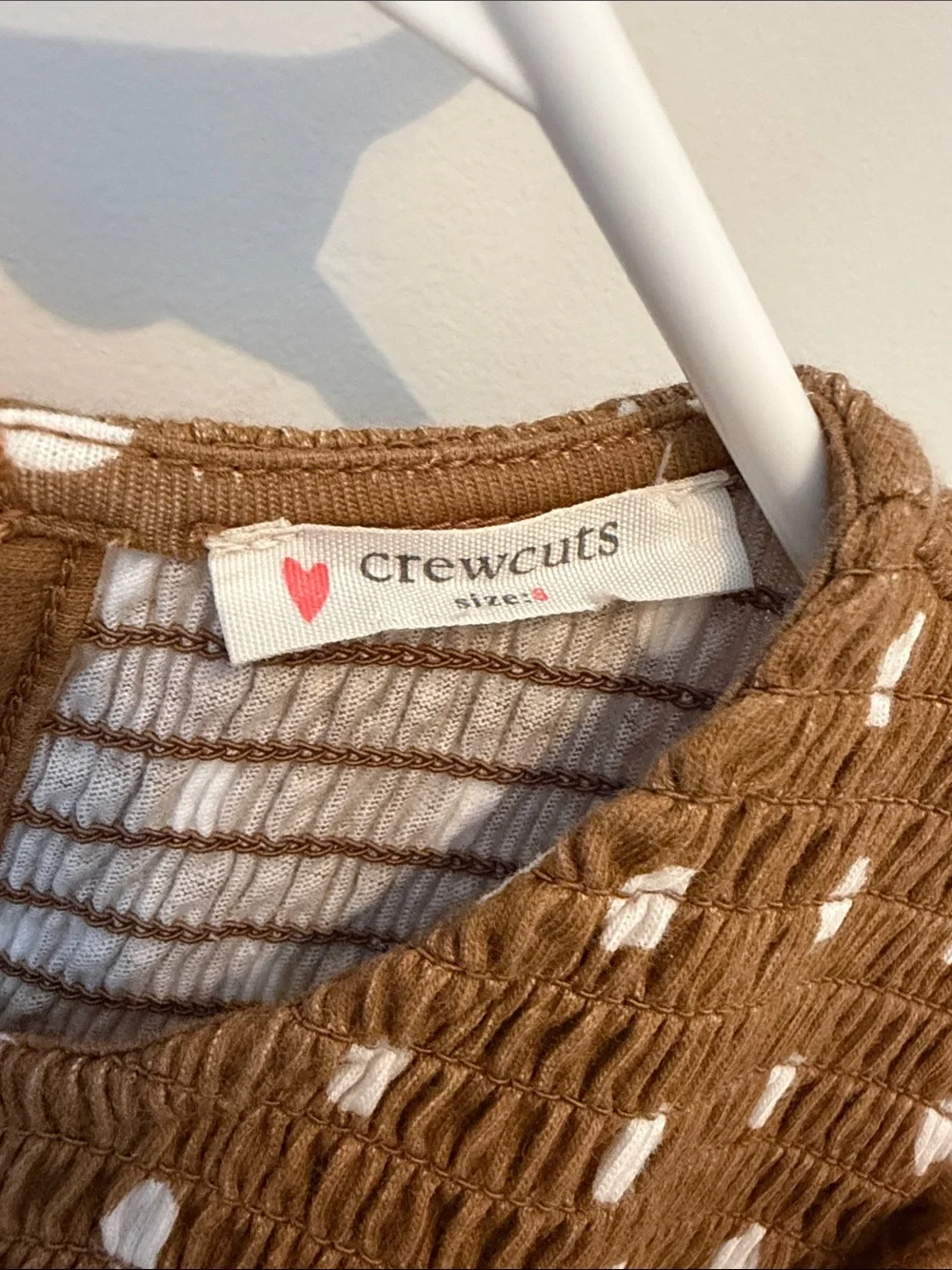 Crewcuts Girls' Tan Brown Polka Dot Long Sleeve Smocked Dress